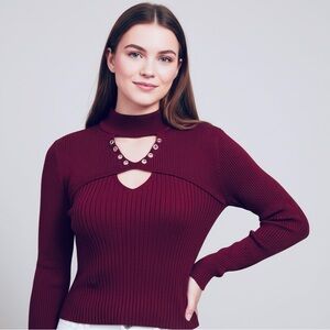 NO BOUNDARIES Sweater Cutout Design Grommets Rib Knit Burgundy Red Juniors SZ M